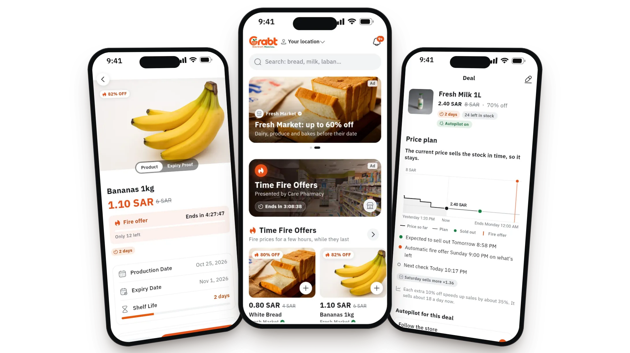 Three real screens from the Grabt app: a fire offer with its countdown, the home screen with nearby stores' deals, and a store’s autopilot price plan for a deal