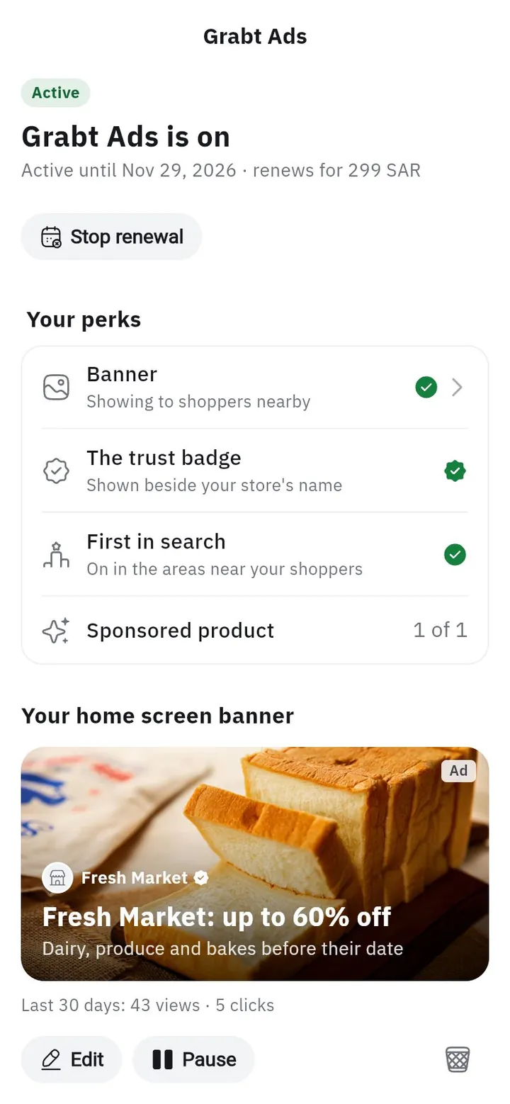 The Grabt Ads screen in the store app: the plan is on, its four perks and the banner