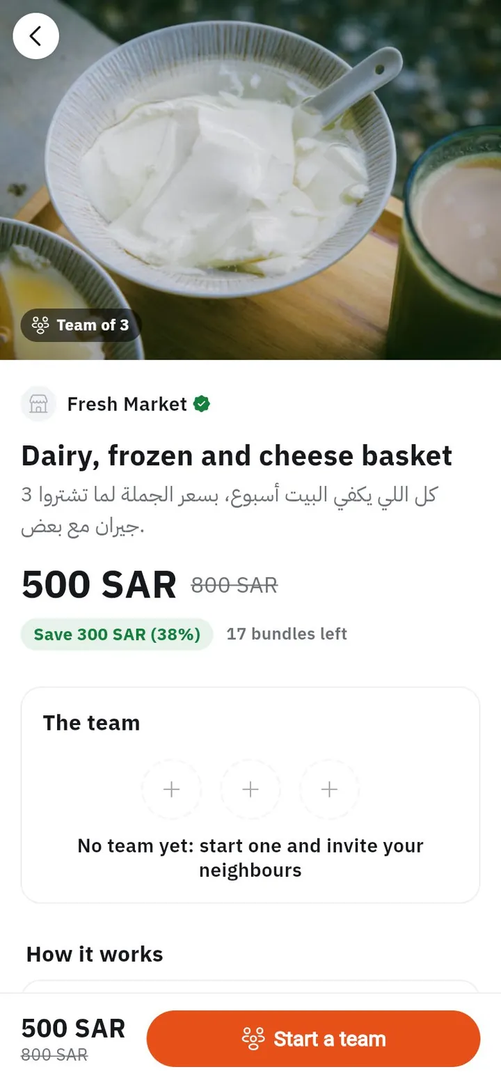A group bundle: a dairy, frozen and cheese basket at a lower price for a team of three neighbours