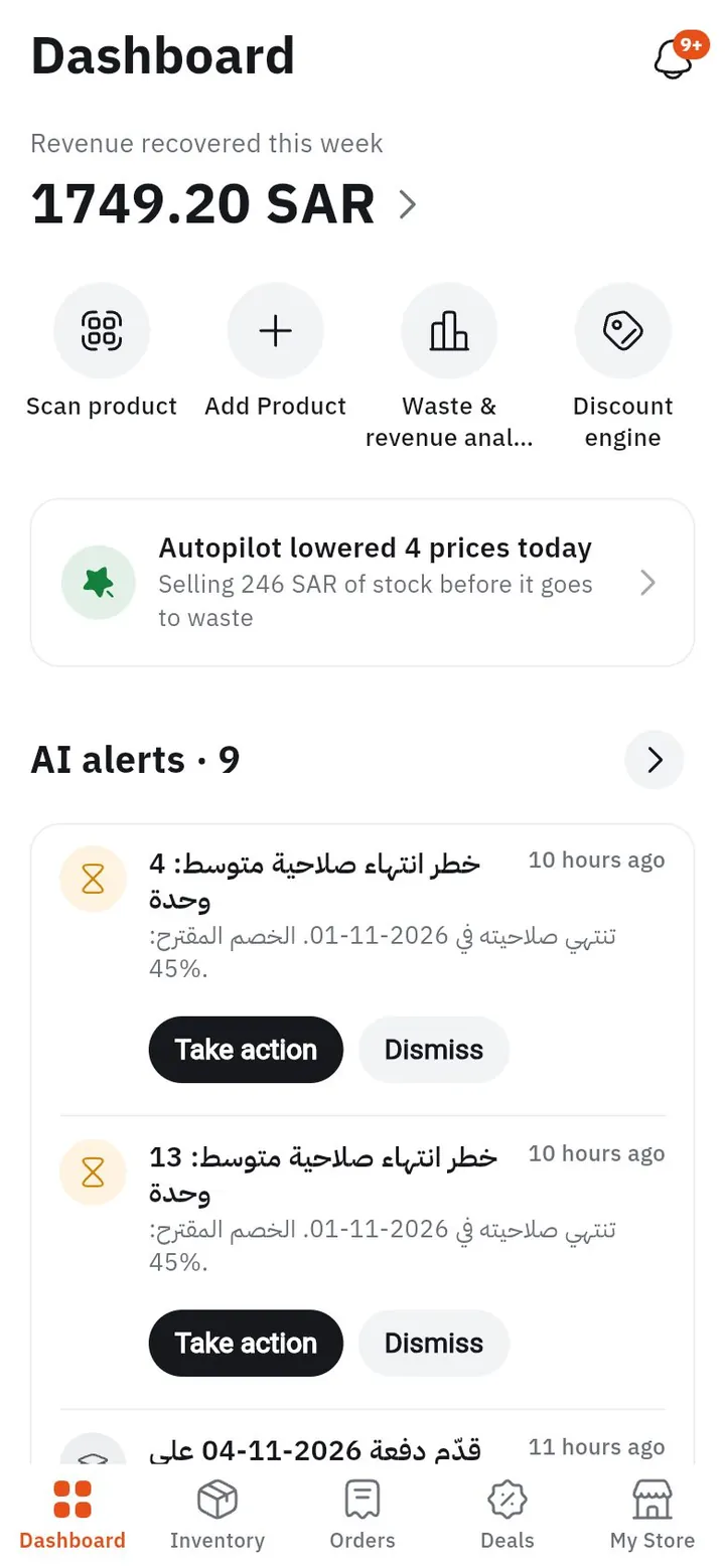 The store dashboard: revenue recovered this week and smart expiry-risk alerts