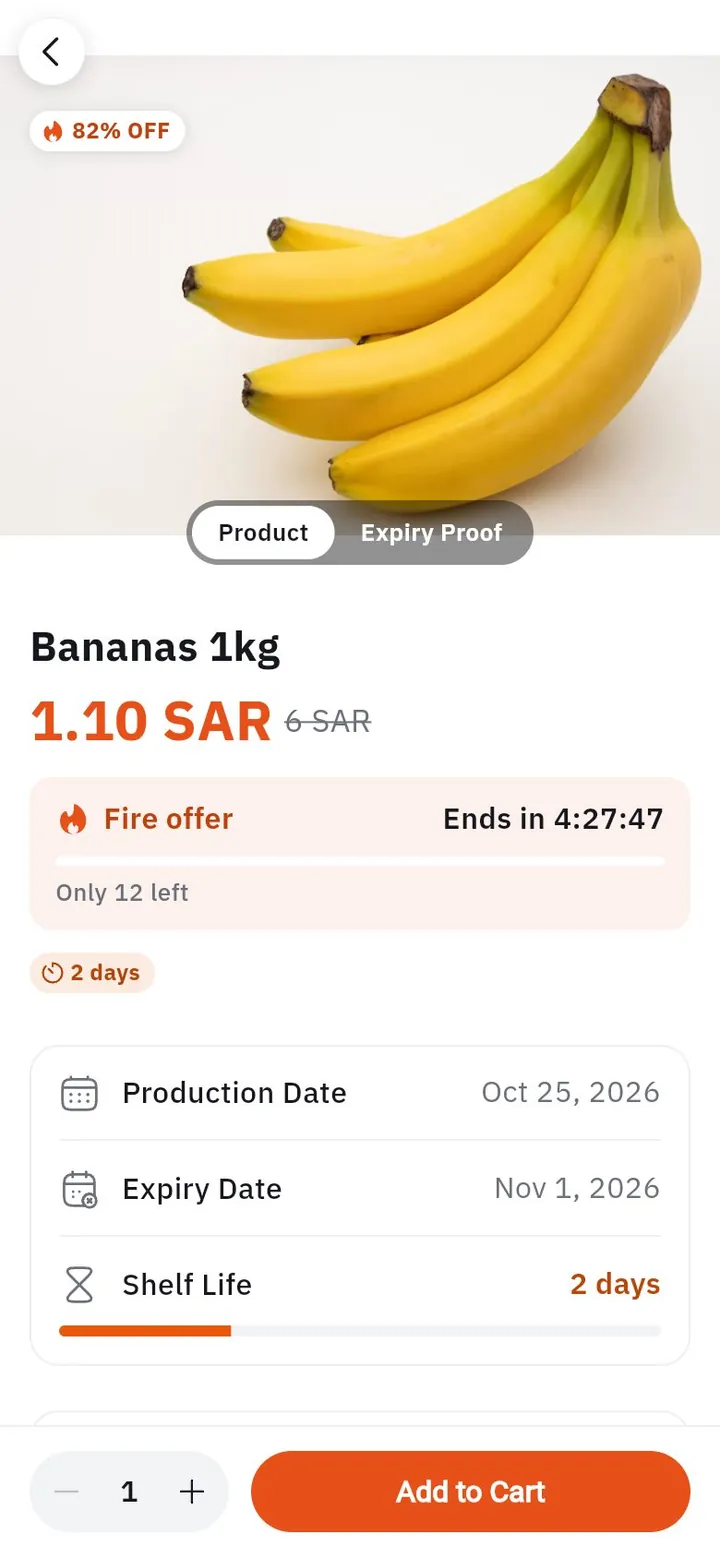 A fire offer in the app: bananas at a deep discount, a countdown ending in hours and the units left