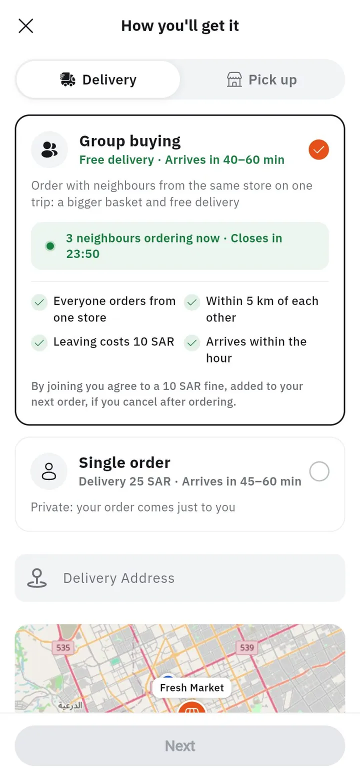 Checkout: group buying with free delivery and neighbours ordering now, or a single order with a delivery fee