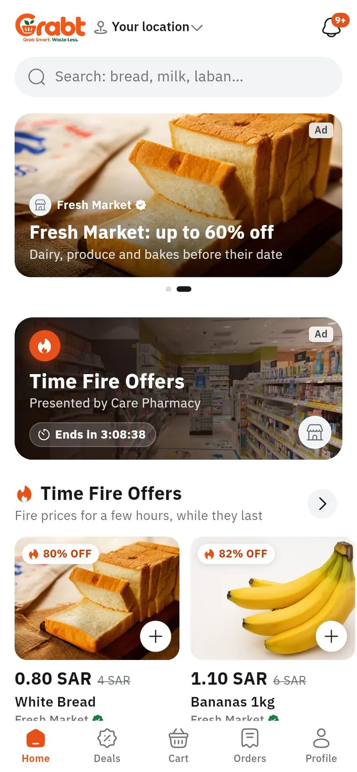 The Grabt app’s home screen: store ads and Time Fire Offers with a countdown