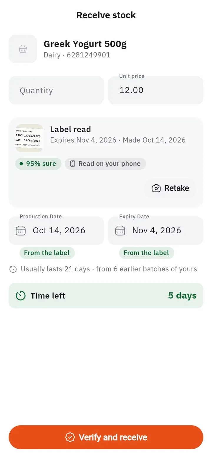 Receiving stock: the label read with high confidence, the production and expiry dates, and the product’s usual shelf life