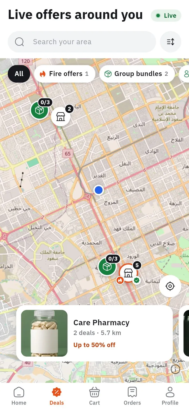The live offers map around the user in Riyadh
